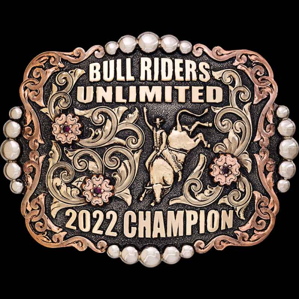 The Bodie Custom Belt Buckle features a unique copper vine frame with large silver beads and bronze scrollwork. Personalize this western buckle now!